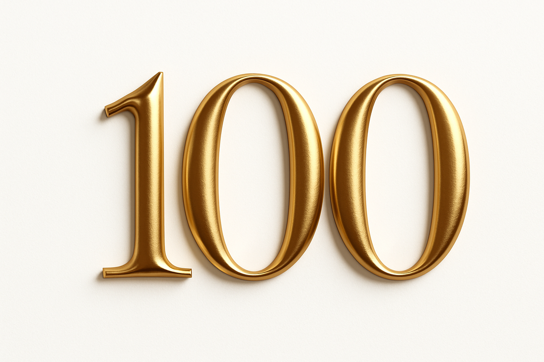 100 (do it in gold color, elegant style and white background)