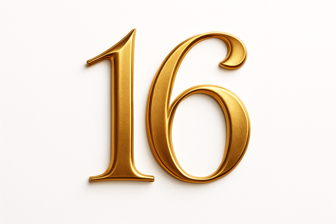 16 (Gold color, elegant style and white background)