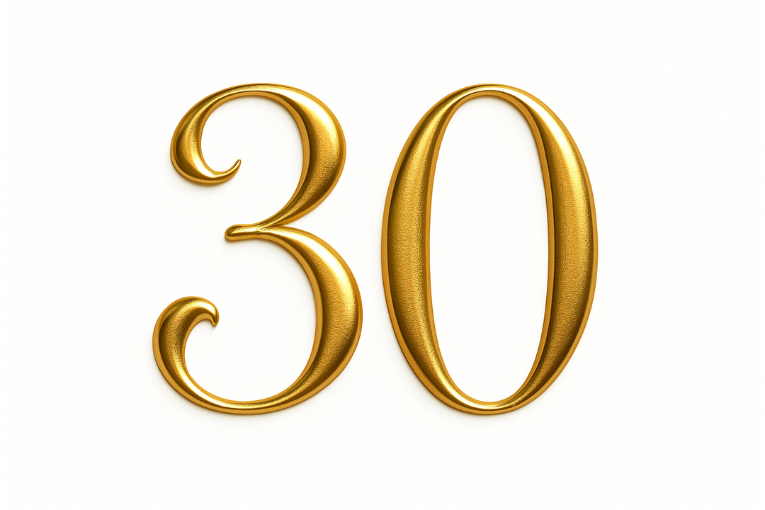 30 (Gold color, elegant style and white background)
