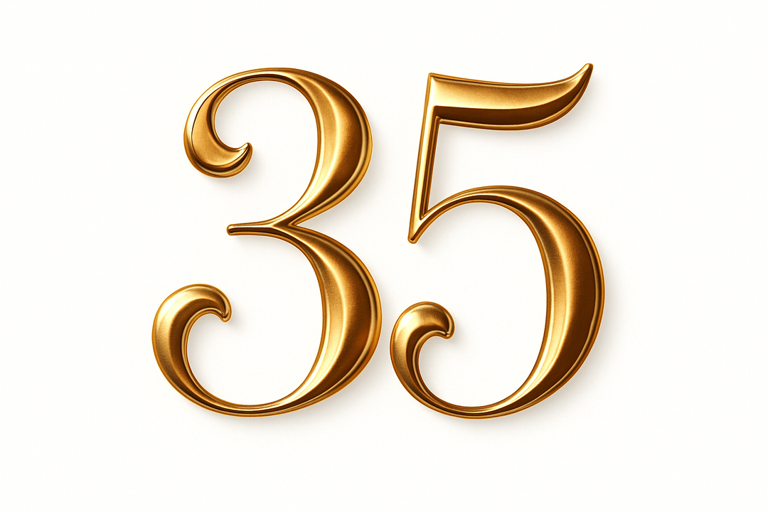 35 (do it in gold color, elegant style and white background)