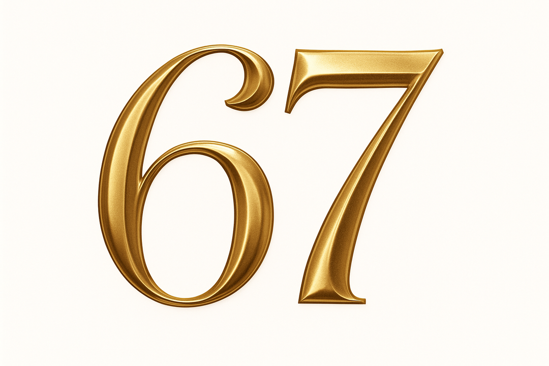 67 (do it in gold color, elegant style and white background)
