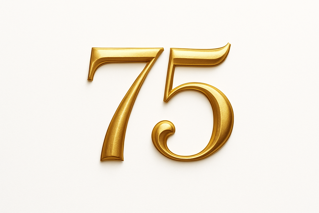 75 (do it in gold color, elegant style and white background)