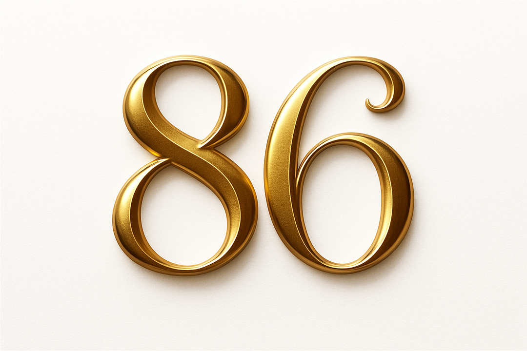 86 (do it in gold color, elegant style and white background)