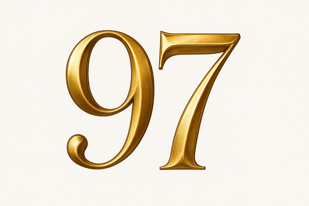 97 (do it in gold color, elegant style and white background)