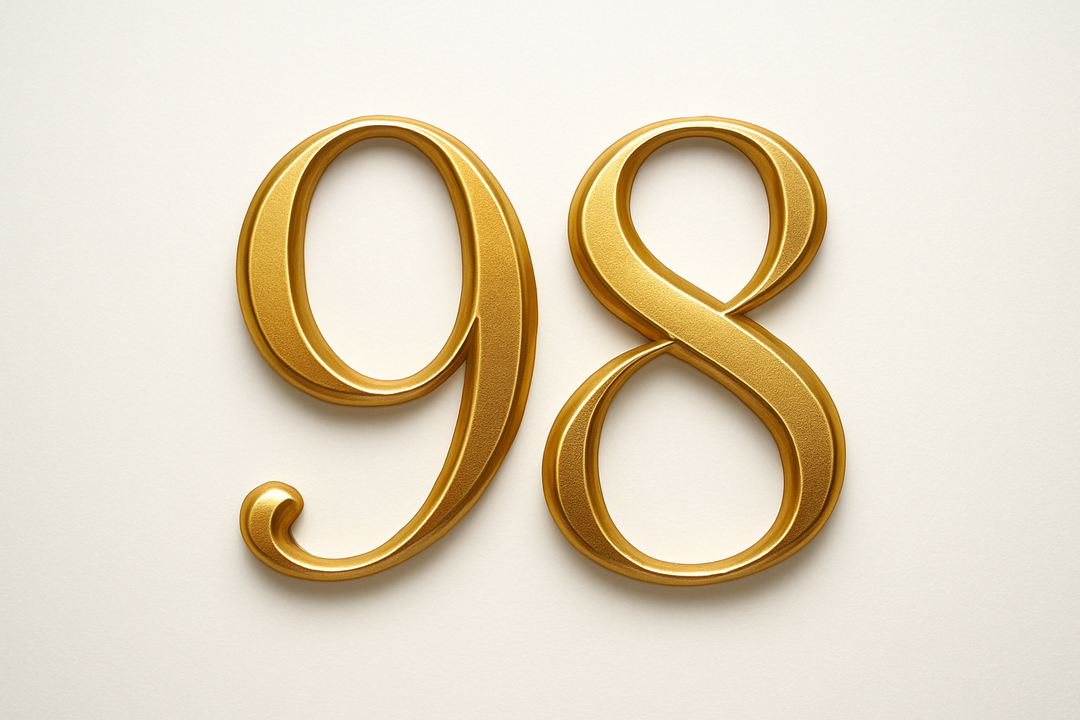 98 (do it in gold color, elegant style and white background)