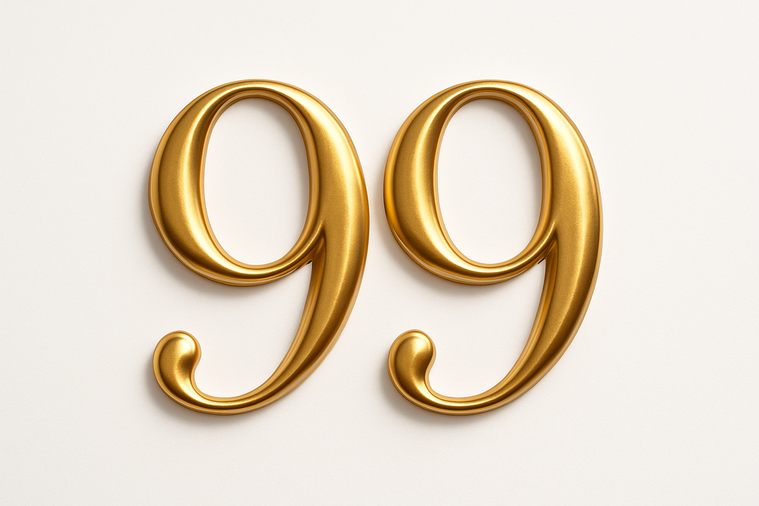 99 (do it in gold color, elegant style and white background)